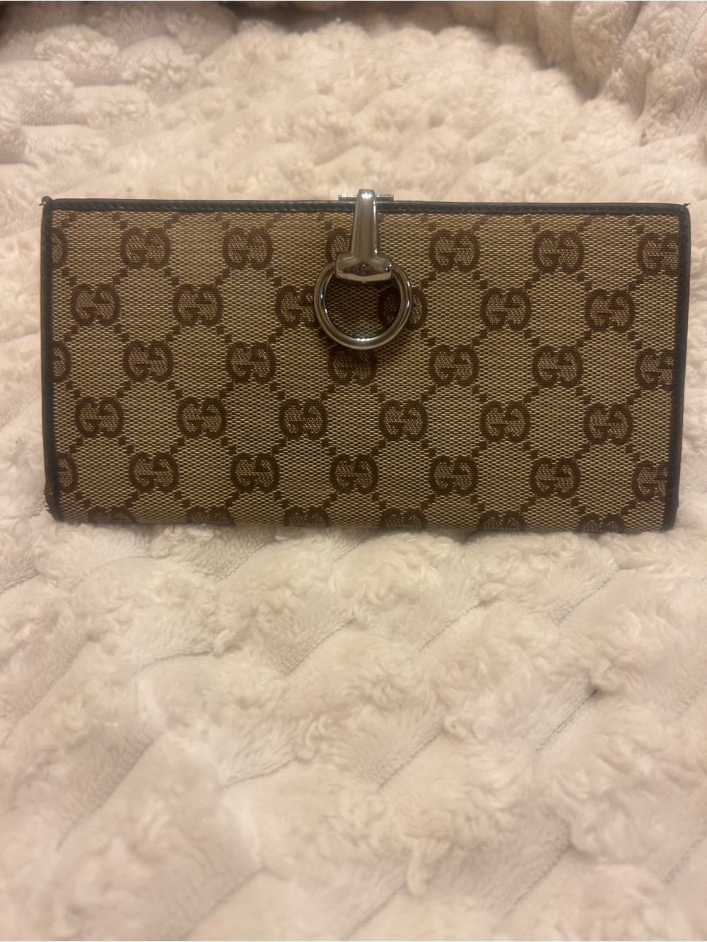 Gucci Vintage GG Canvas D-Ring Continental Wallet Beige Brown Leather Italy